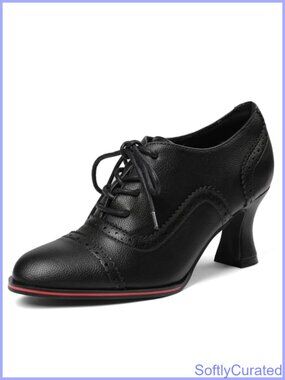 Women's Leather Oxfords Wingtip Chunky High Heel Lace Up Brogues